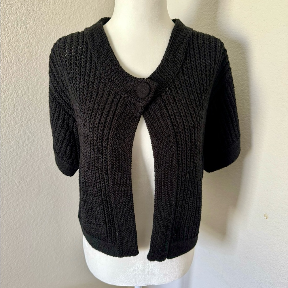 NWOT Kenar Knit Short Sleeve Crop One Buttoned Black Cardigan